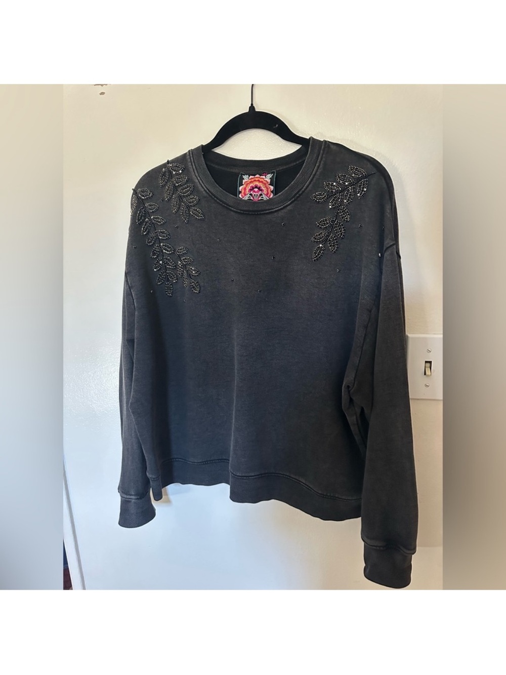 Johnny Was Washed Black Beaded Leaf Crewneck Sweatshirt